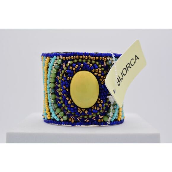 Beaded Cuff Bangle Bracelet Rhinestone Crystal Royal Blue Yellow Gold Chunky - Picture 5 of 12